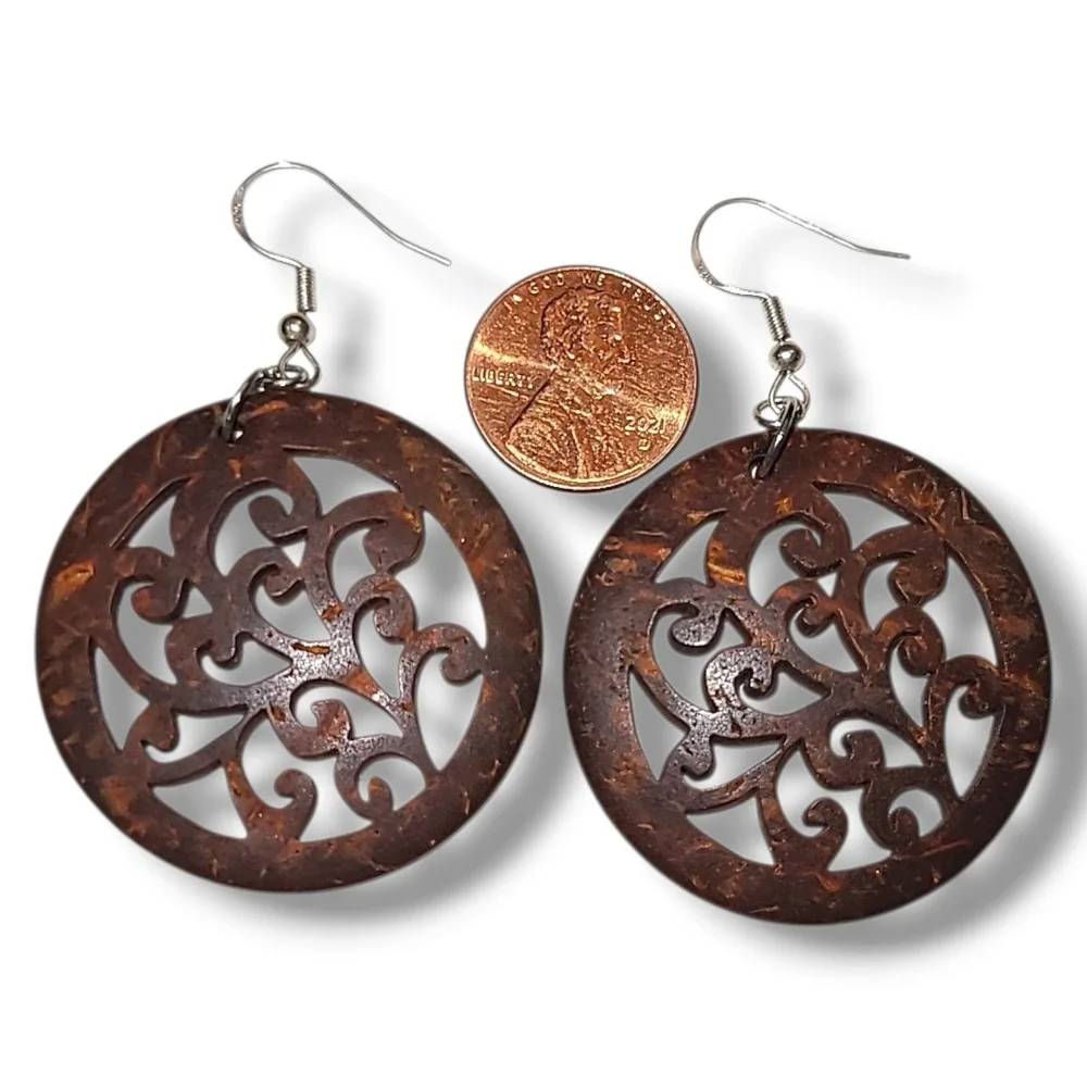 Hand Carved Olive Wood Filigree‎ Dangle Earrings Boho Ethnic Round Drop